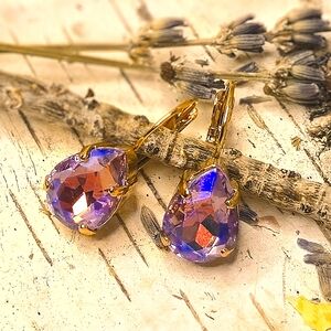 Sparkling Tanzanite Purple  Swarovski Crystal In Gold Plated Drop Down Earrings